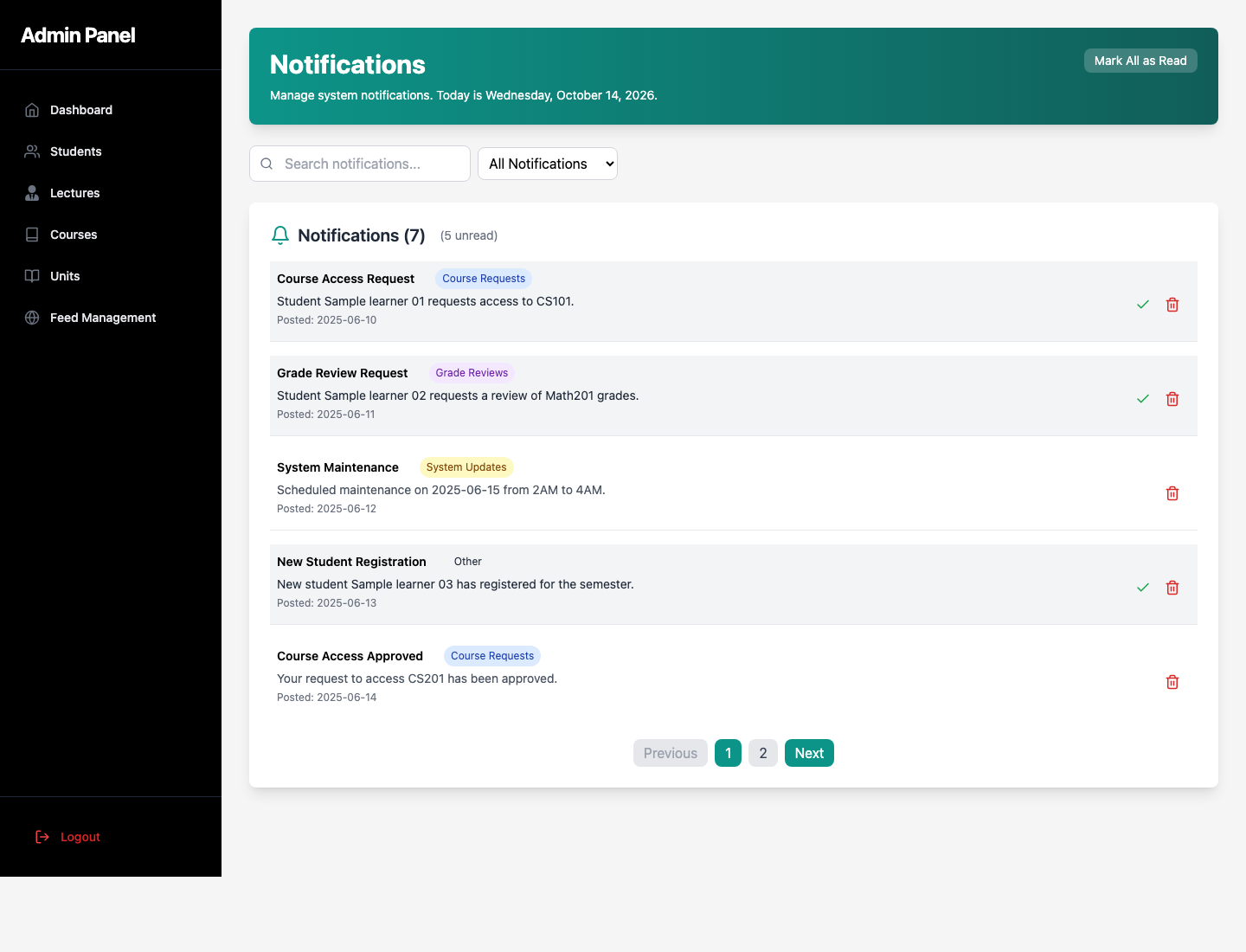 Captured LMS administrator notifications with sample learner names