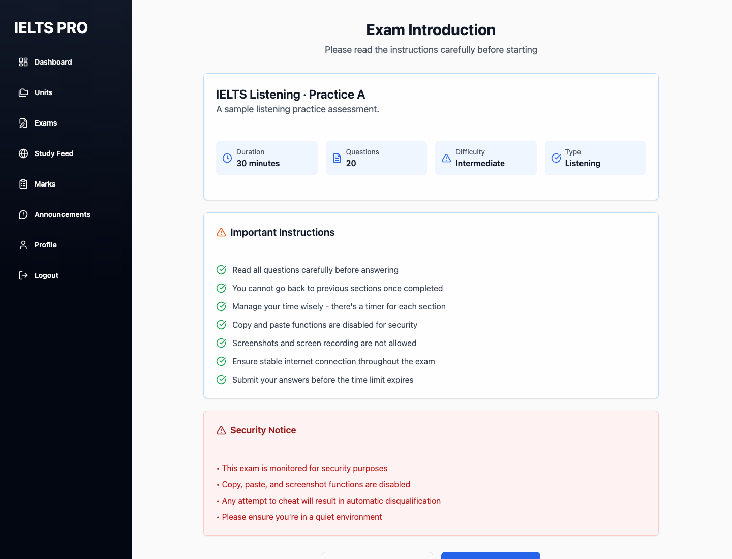 Captured LMS IELTS exam introduction and instructions